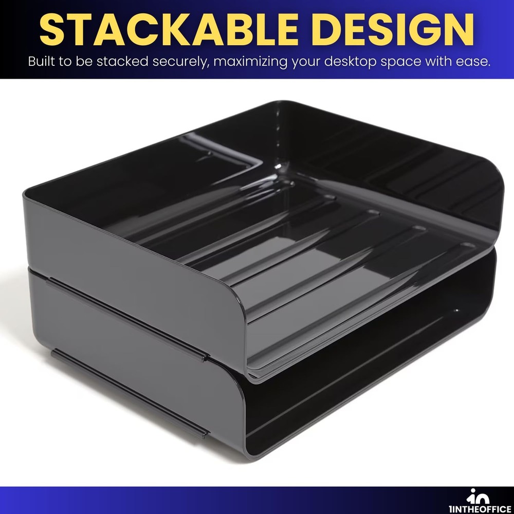 2-Tier Letter Tray Desk Organizer, Stackable, Side Load, Black, 2 Pack