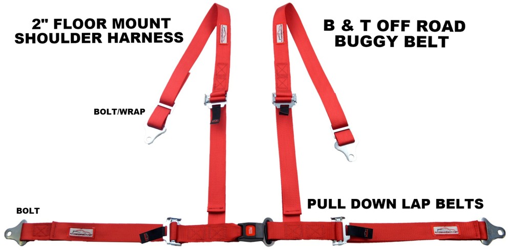2" RED 4 POINT SEAT BELT HARNESS PULL DOWN LAP BELTS FLOOR MOUNT PUSH BUTTON