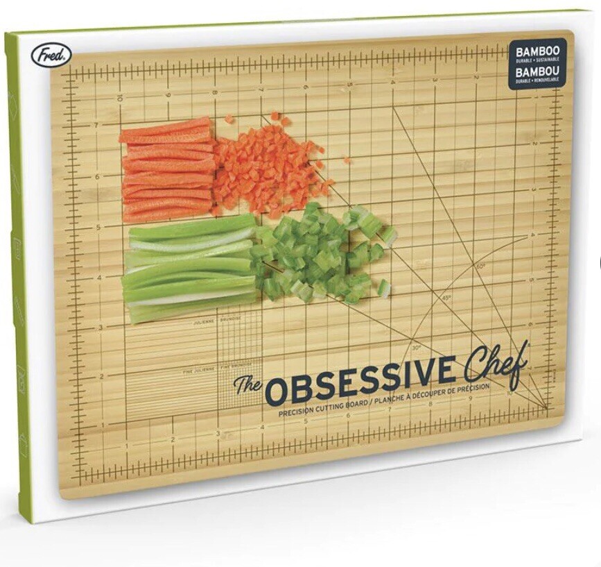 New In Box Genuine Fred The Obsessive Chef Bamboo Cutting Board, 9"by 12"