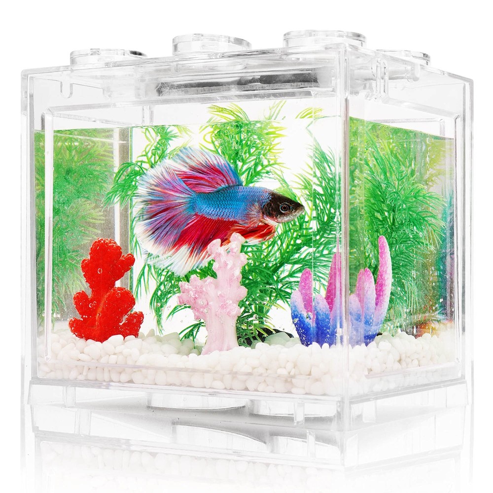 Small Betta Fish Tank Aquarium Tank Kit with LED Lighting 0.6 Gallon Stackabl...
