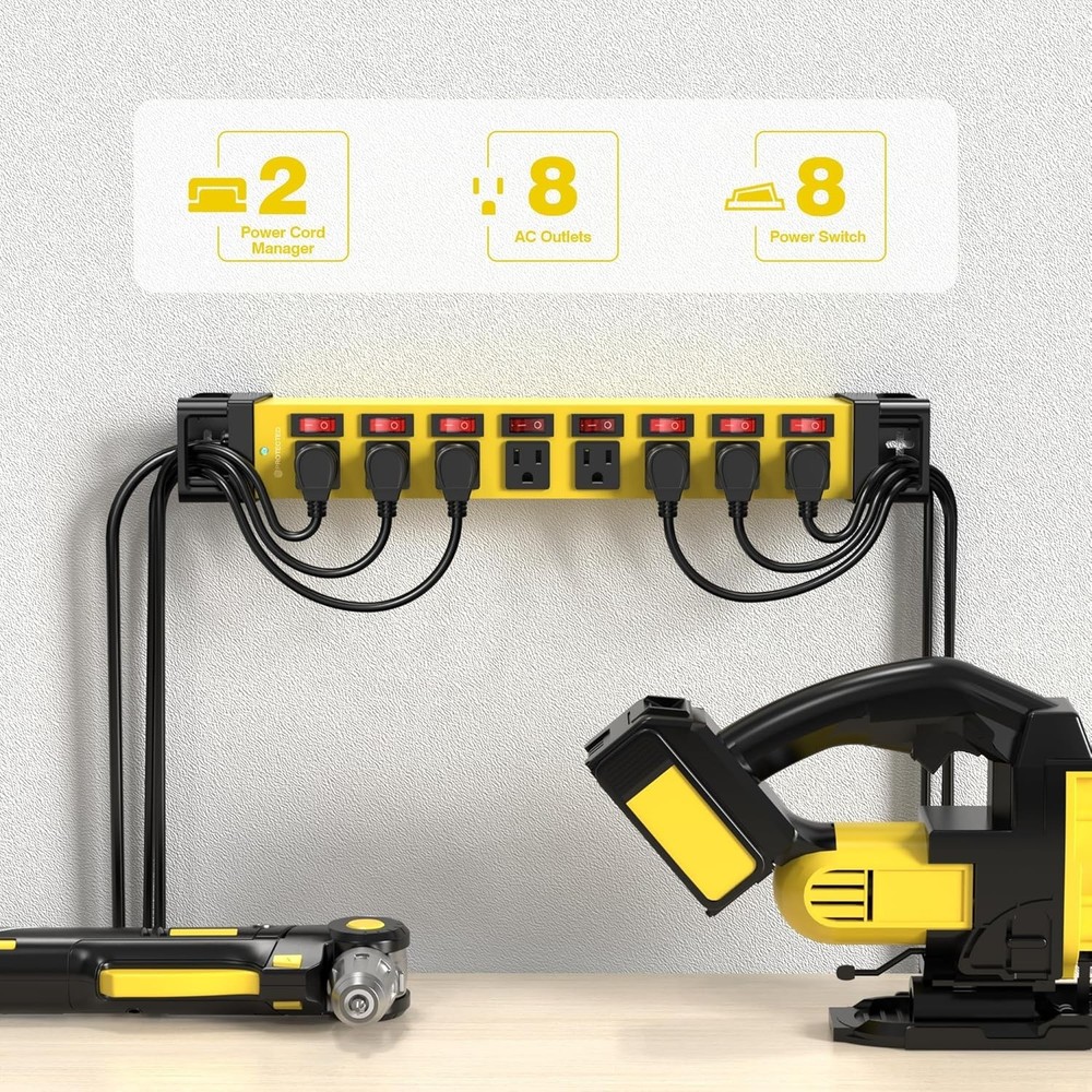 8 Outlet Surge Protector with Right Angle Plug & Cord Management for Workbench