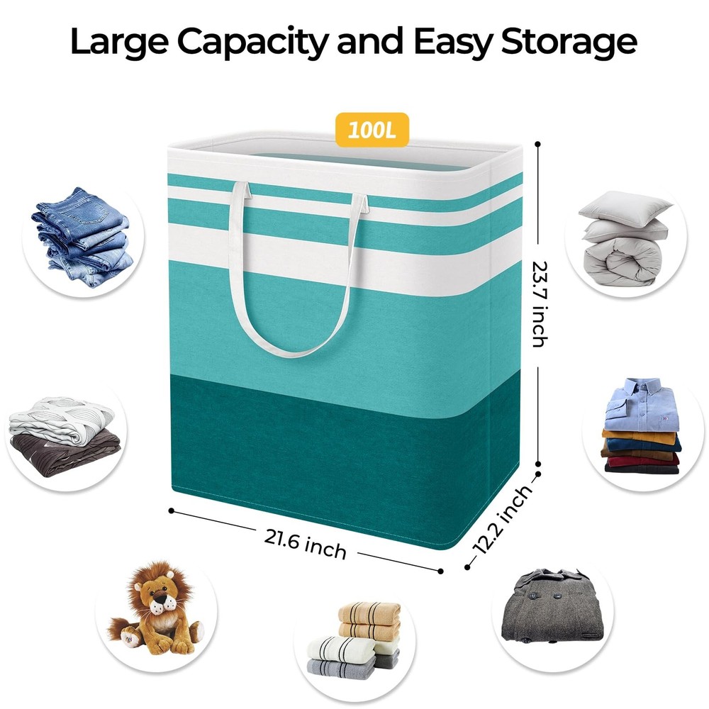 2 Pack Large Laundry Basket Waterproof Freestanding Hamper 100L Green