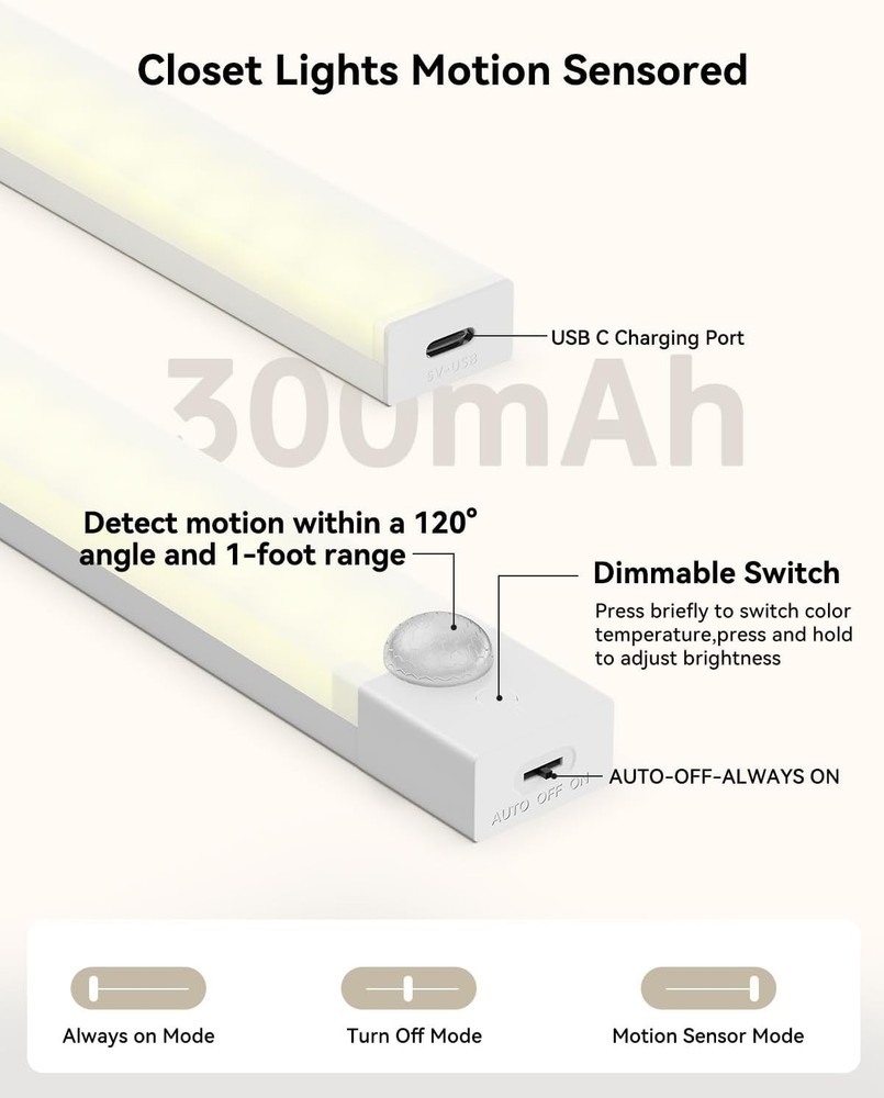 Rechargeable Motion Sensor Under Cabinet LED Lights, Dimmable, 6-Pack