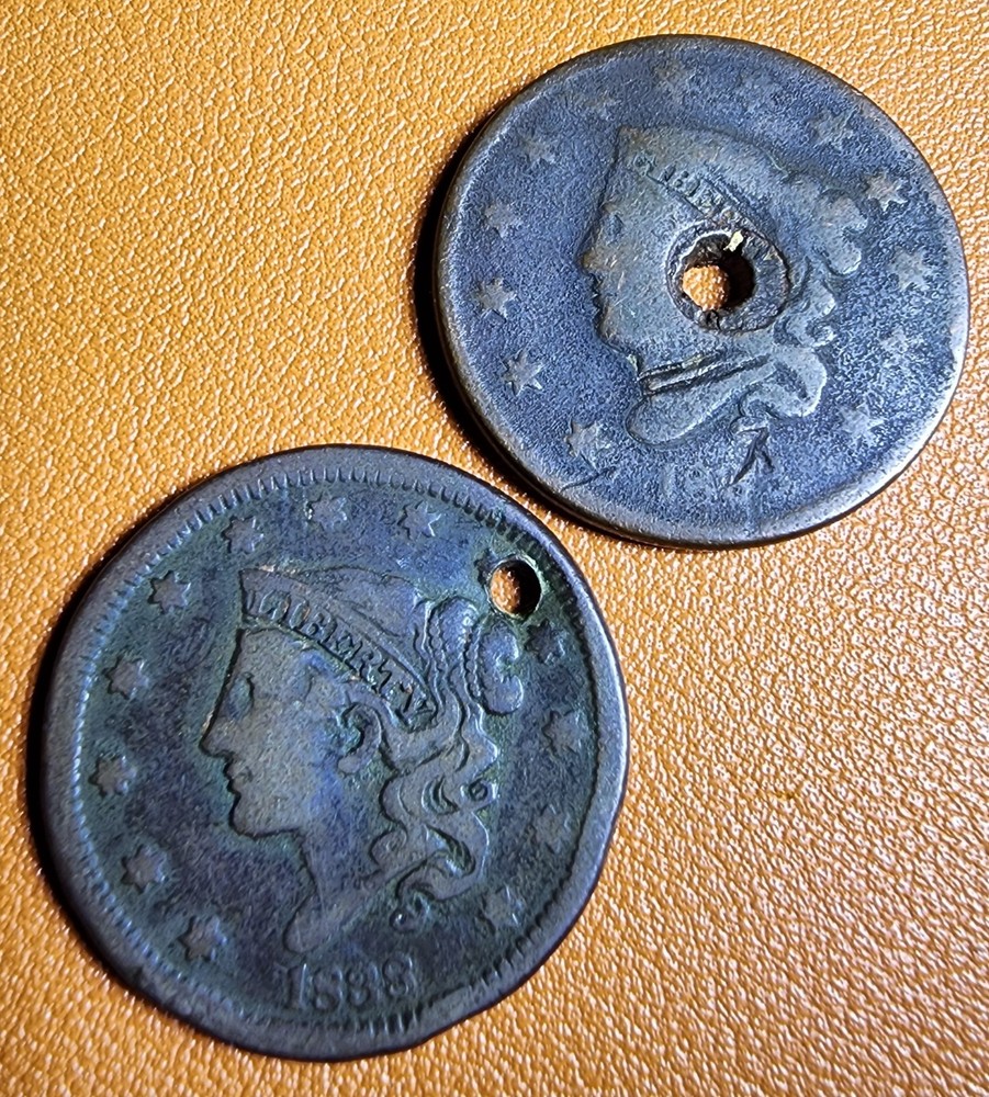 2 Coins - Both 1838 Coronet Head Large Cent Penny - Holed