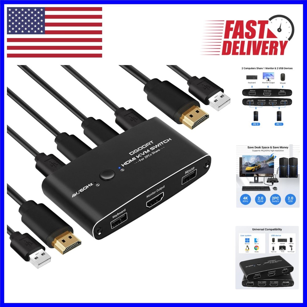 Effortless HDMI KVM Switch for 2 Computers - USB Cables Included, 4K Support