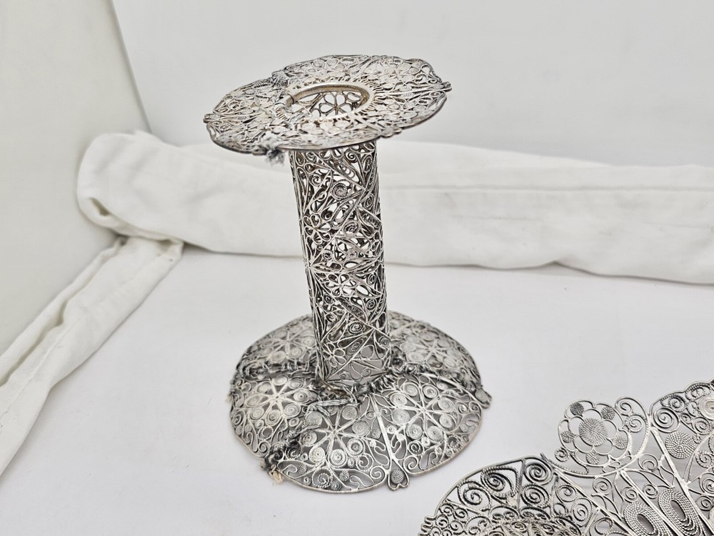 ANTIQUE CHINESE EXPORT SPUN STERLING SILVER CANDY DISH & CANDLESTICKS SET