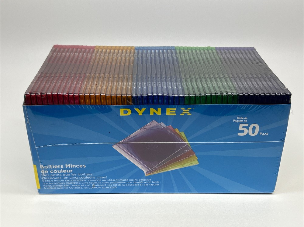 SEALED Dynex 50-Pack DVD/CD-ROM Slim Disc Jewel Cases Assorted Colors