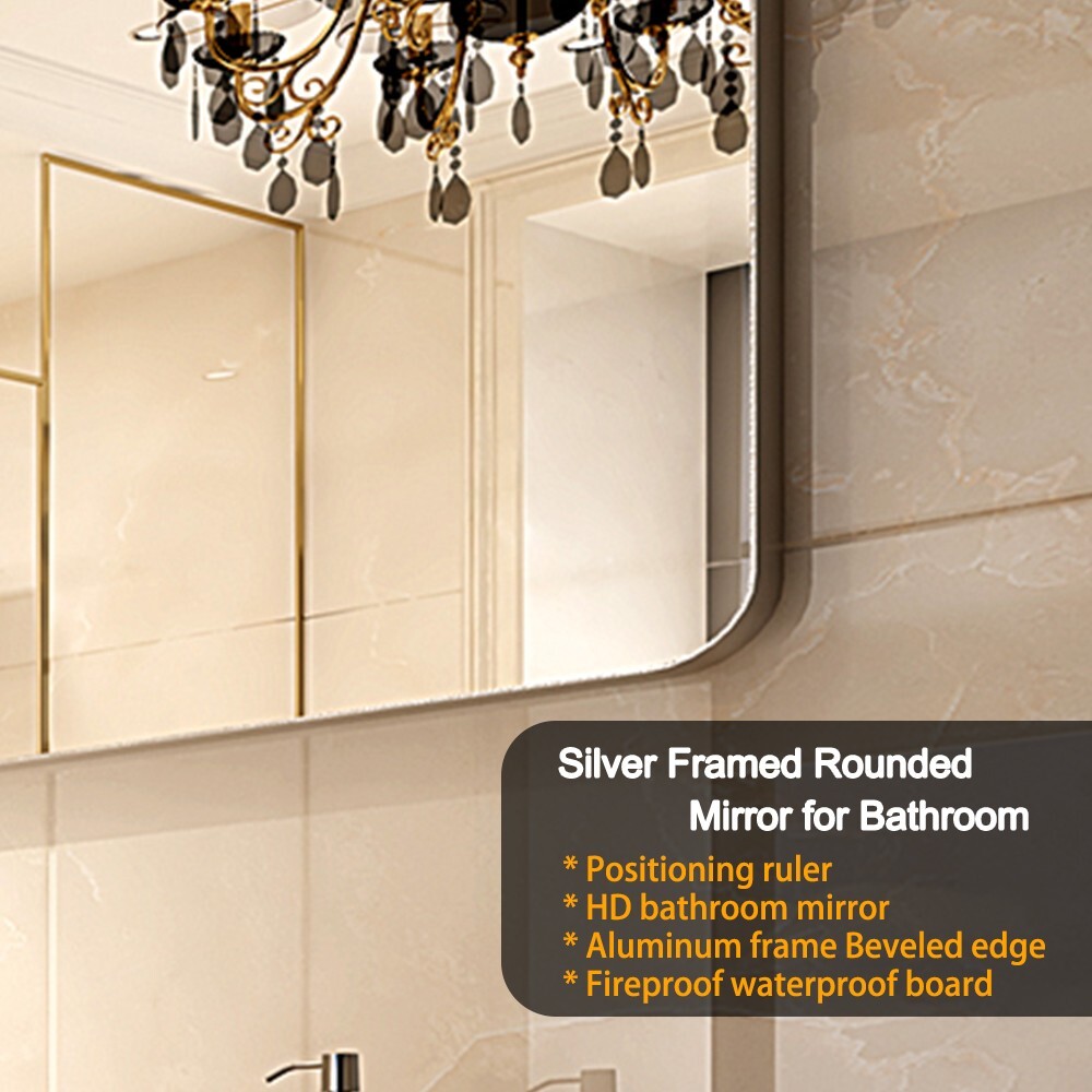 30x20 Inch Glossy Brushed Silver Rectangle Bathroom Mirror with Rounded Corners