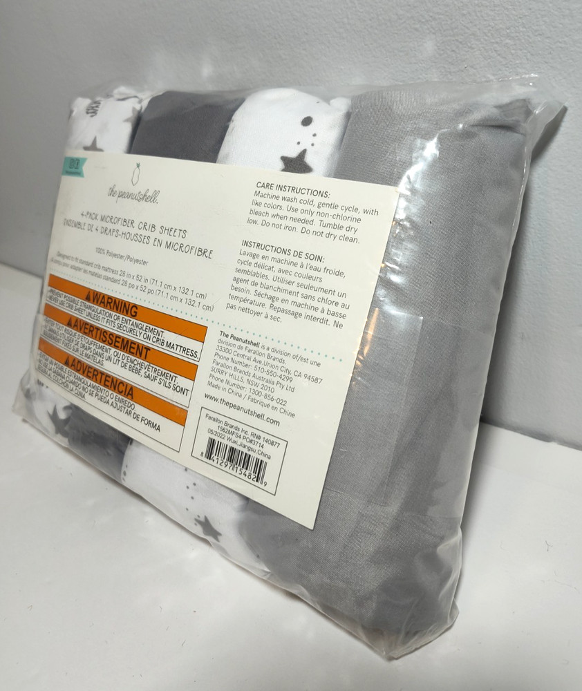 The Peanutshell 4 Pack Microfiber Crib Sheets Gray White Black Moon and Stars