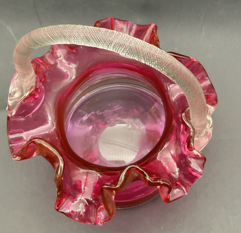Handblown Ruffled Cranberry Basket with Textured Handle