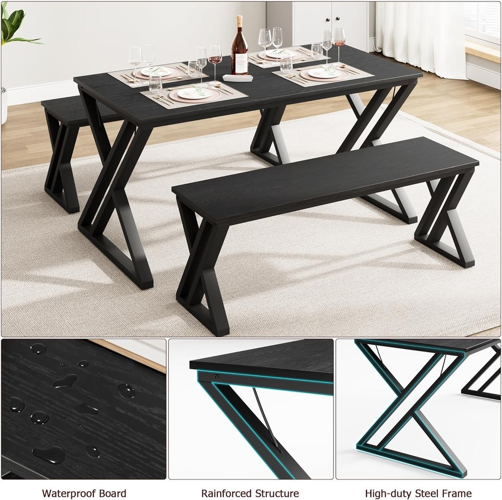 Kitchen Room Table Set with Benches 55.1" Dining Table Set for 4 People