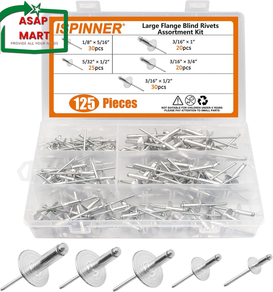 ISPINNER 125Pcs Large Flange Aluminum Blind Rivets, Pop Rivets Assortment Kit (S