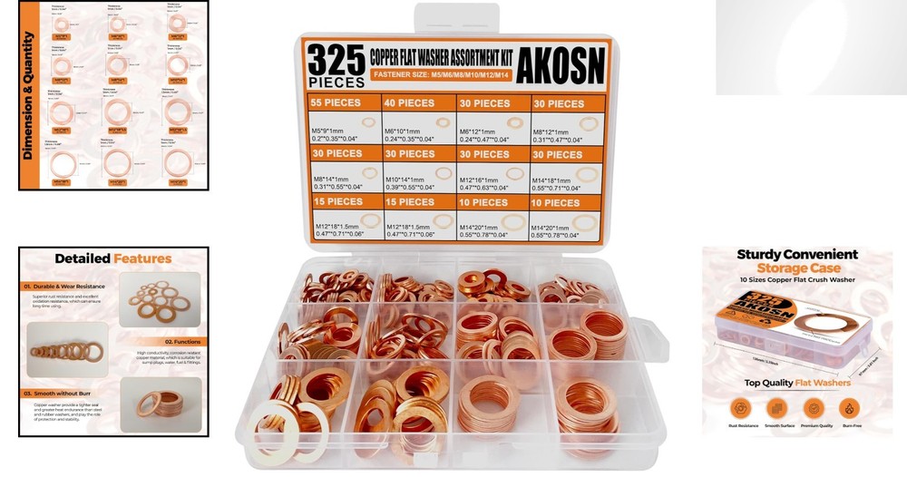 325 PCS Copper Metric Crush Washers Assortment Set – 10 Sizes Available