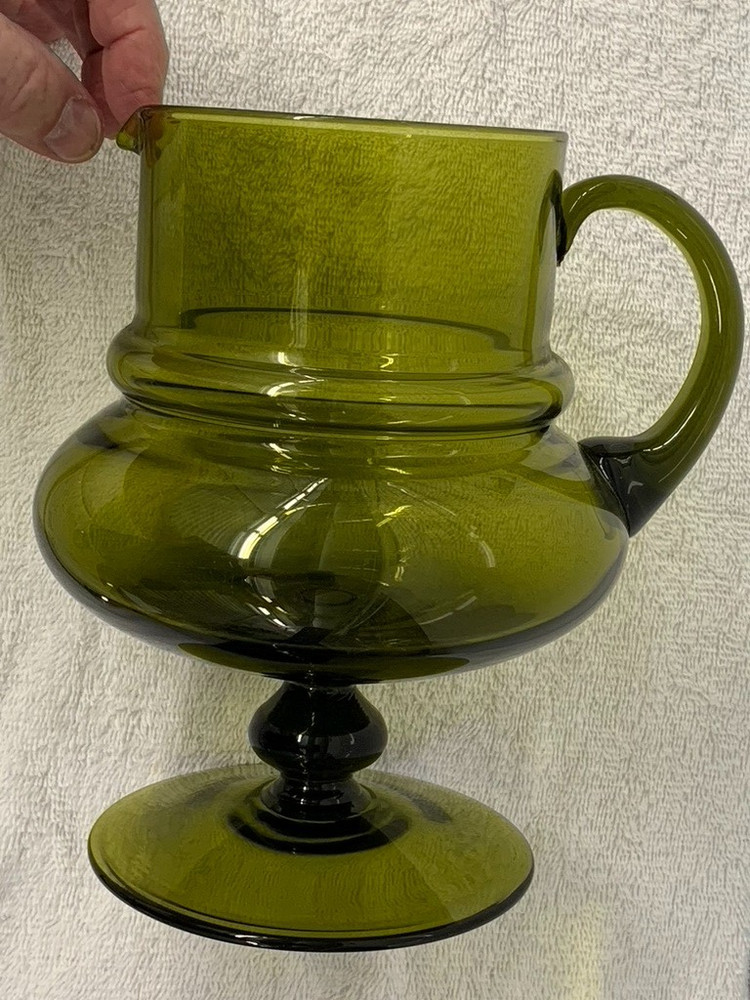 BLOWN GLASS FOOTED PITCHER --- OLIVE GREEN