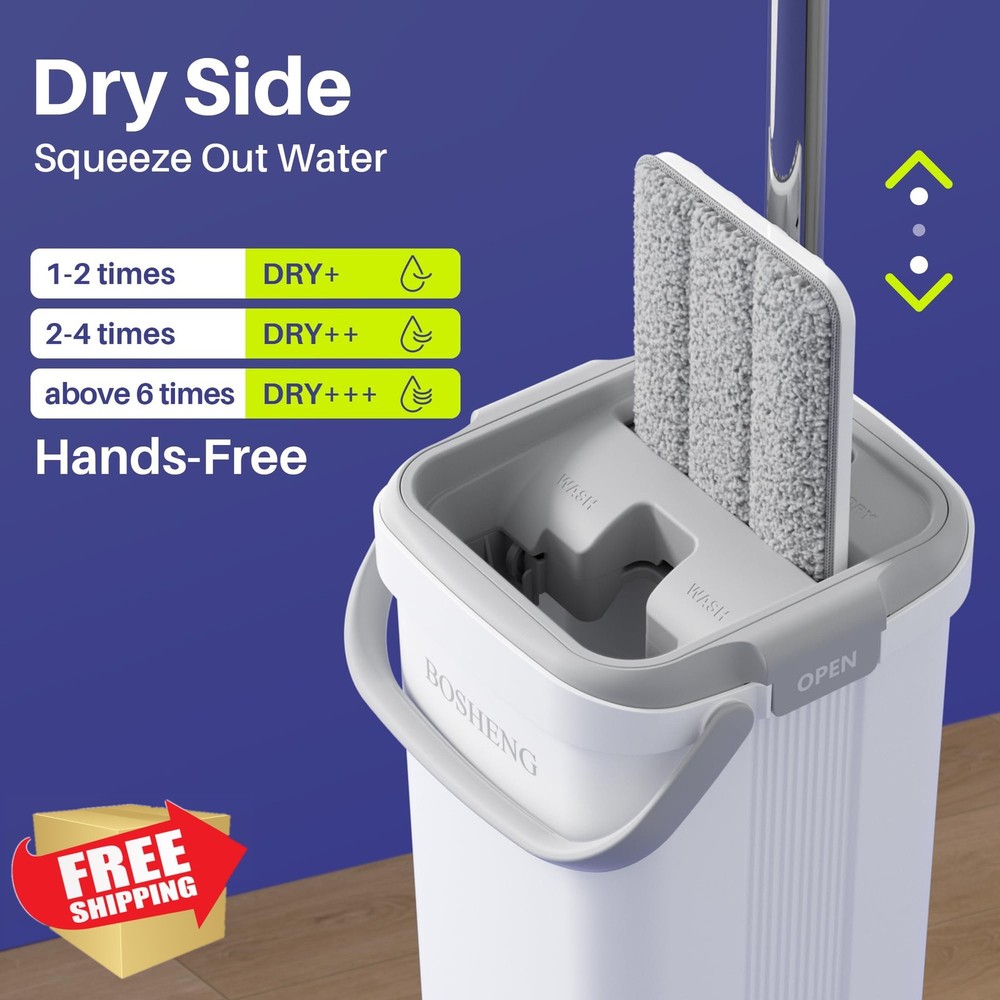 BOSHENG Flat Mop Bucket Set Extensible 60" Handle 2 Microfiber Pads