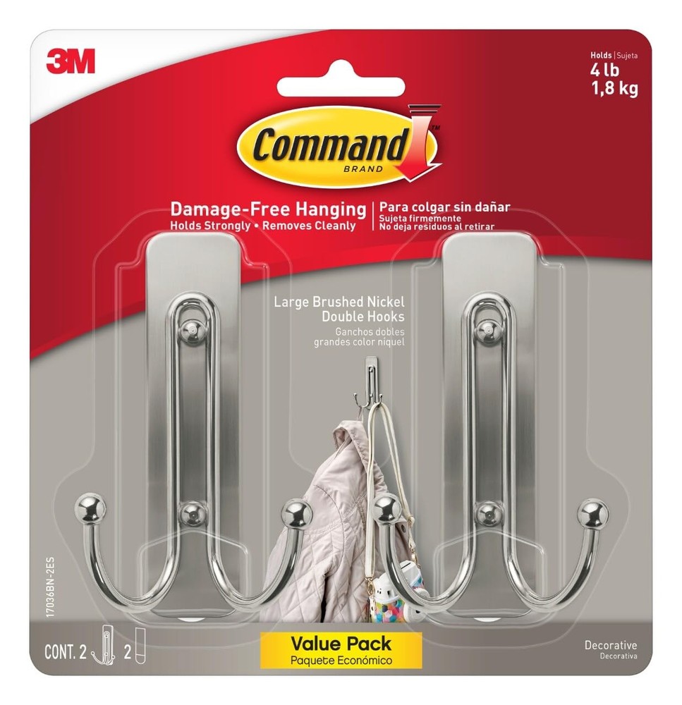 Command Large Brushed Nickel Double Hooks, 2 Hooks and Large,