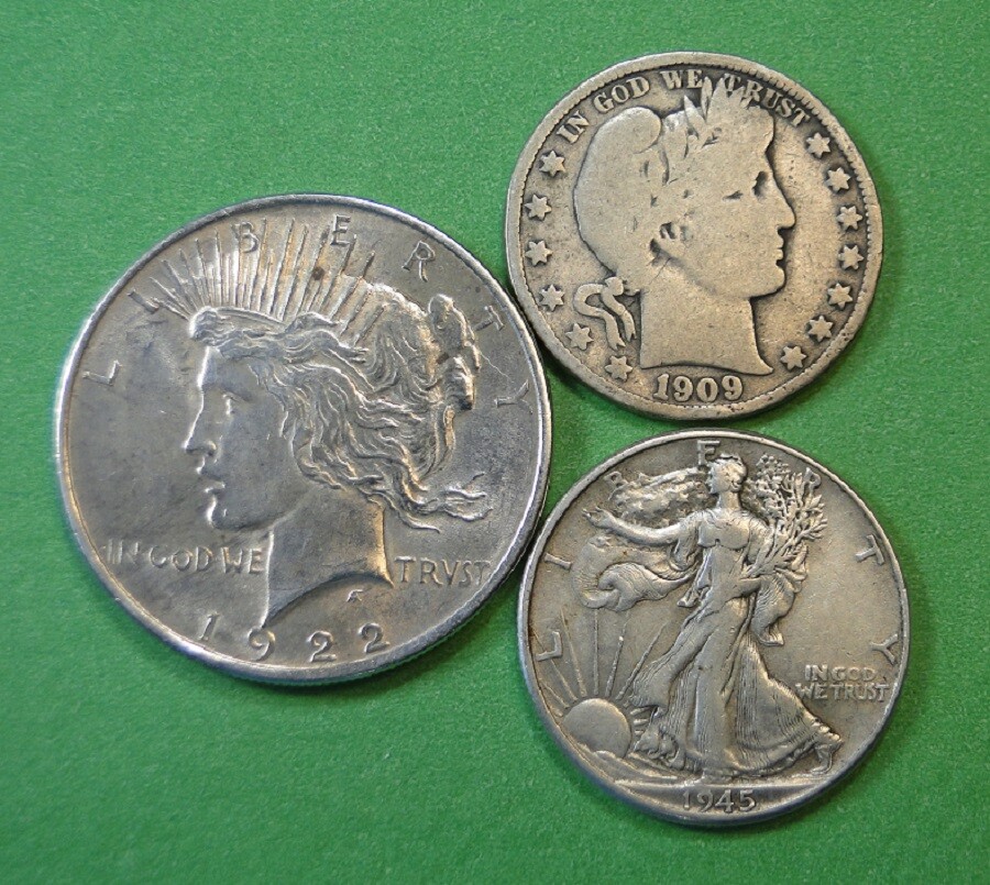 THREE (3) OLD 90% SILVER COINS ~ PEACE DOLLAR, BARBER HALF, WALKER HALF