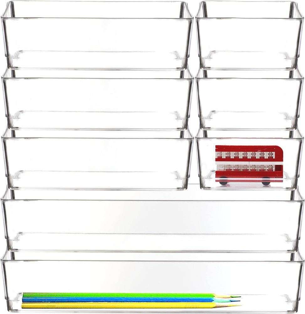 Youngever 8 Pack Clear Plastic Vanity and Desk Drawer Organizers, Stackable,...