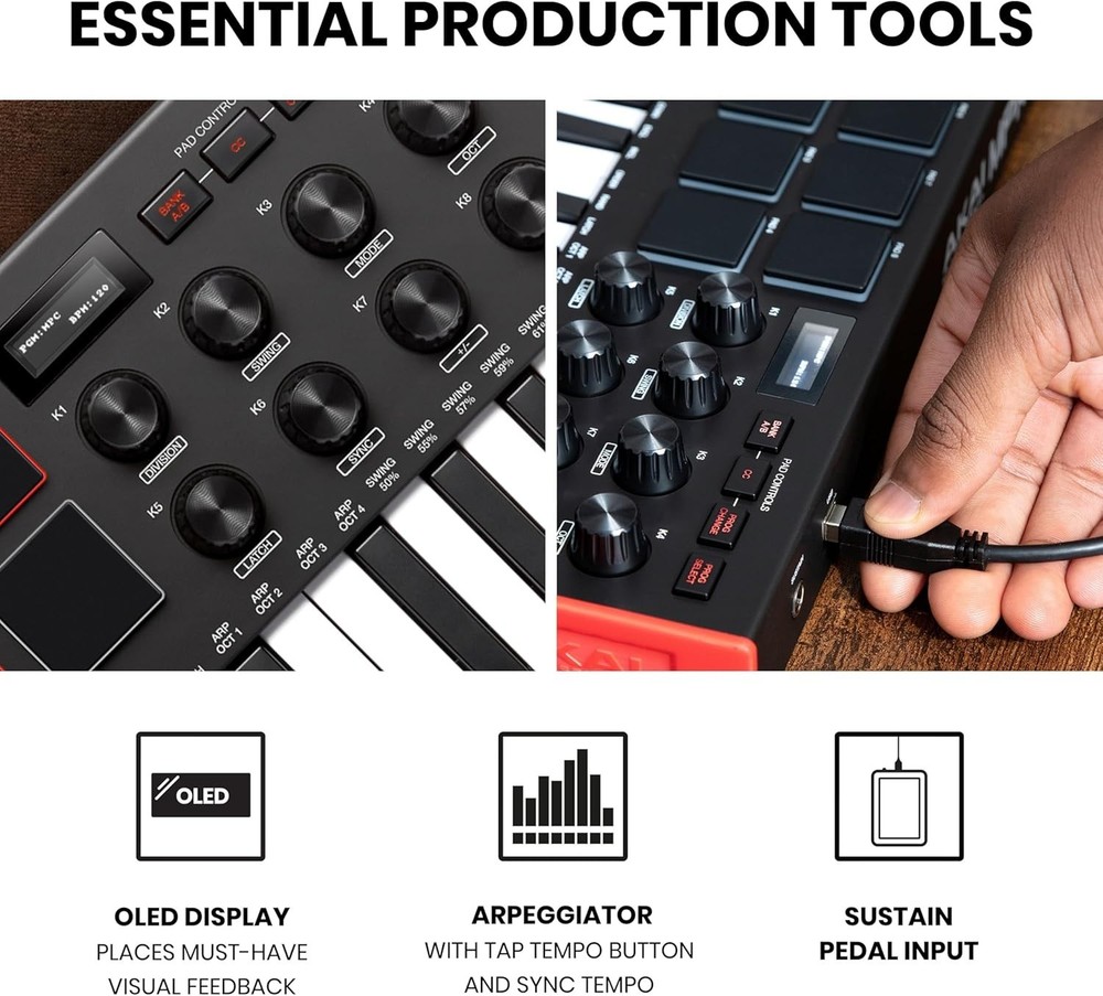 Ergonomic 25-Key MIDI Controller with Integrated Effects and Touch Sensitivity
