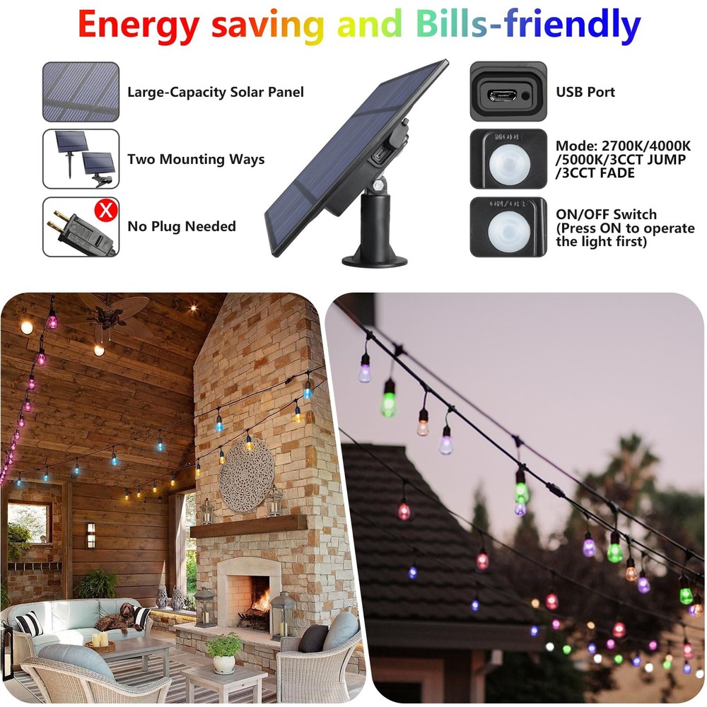 Solar String Lights 48FT 15+3 LED Bulbs Dimmable Waterproof Multicolor WENFENG
