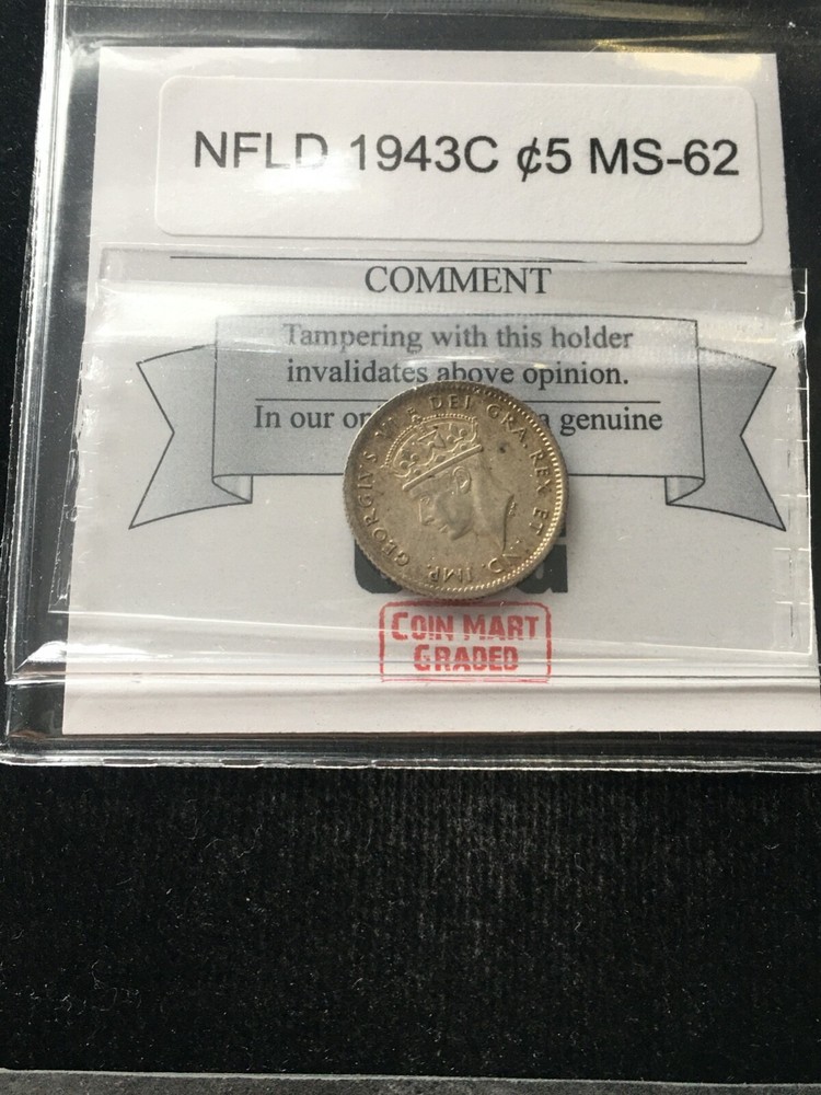 1943c  Coin Mart Graded, Newfoundland  ¢5 Cent, **MS-62**