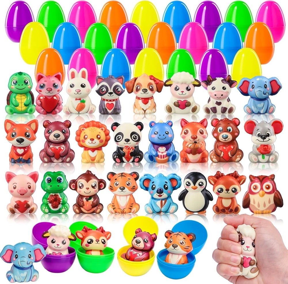 24 Pack Prefilled Easter Eggs with Squishy Animal Toys, Pre-Filled Easter Eggs