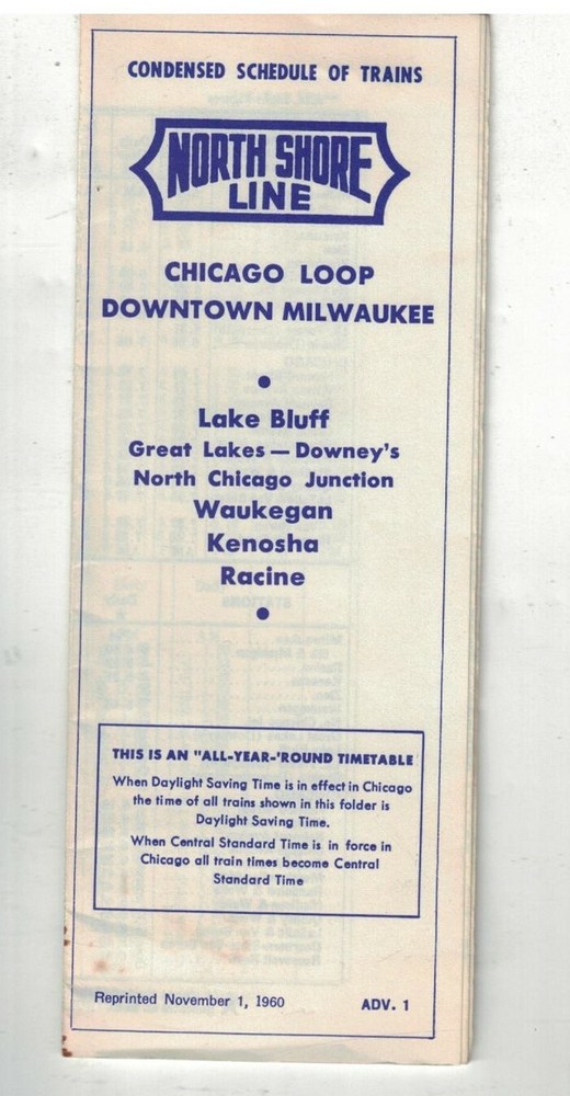 1960 North Shore Line Railway Schedule Chicago Loop - Milwaukee
