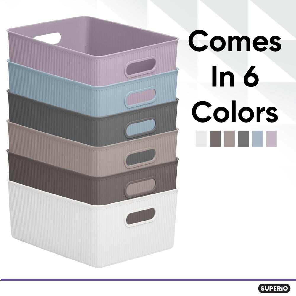 15L Medium Ribbed Storage Bin, Decorative Plastic Storage Baskets, 6 Pack, Taupe