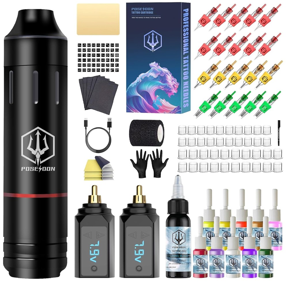 POSEIDON Tattoo Pen Set, Wireless Gun Kit Multicolor, Black