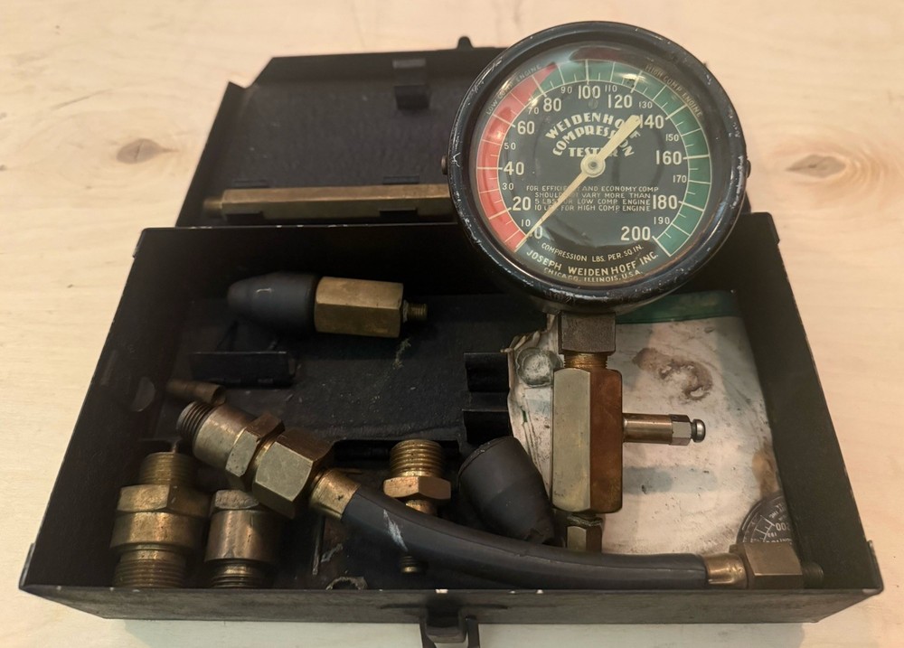 Vintage Weidenhoff Compression Test Gauge Set w Case Auto Tool 200 PSI-Untested