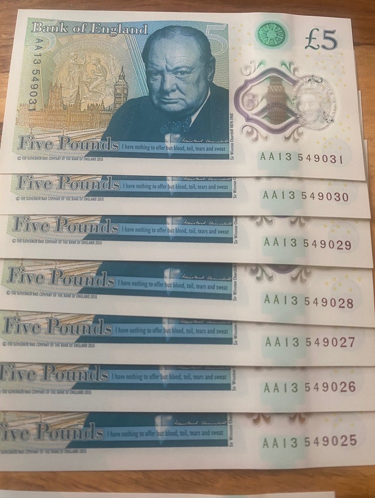 7 x £5 Consecutive Numbered  AA13 low no’s £5 Notes Uncirculated MINT condition