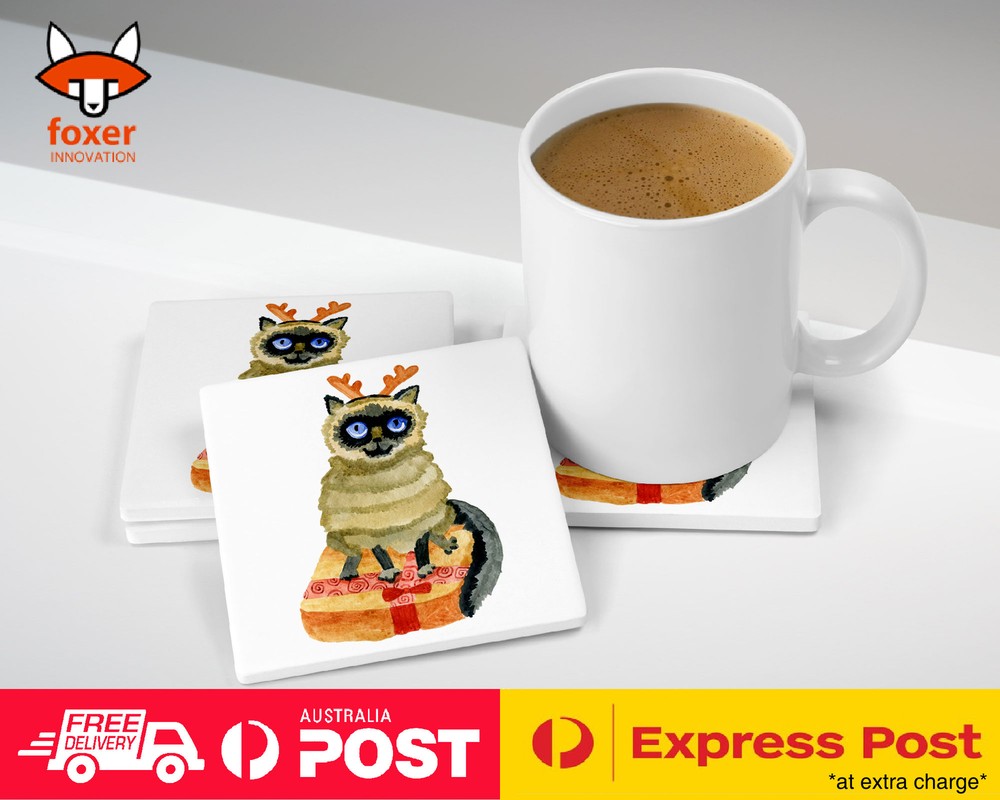 COASTER COFFEE DRINKING MAT|WATERCOLOR XMAS SIAMESE CAT