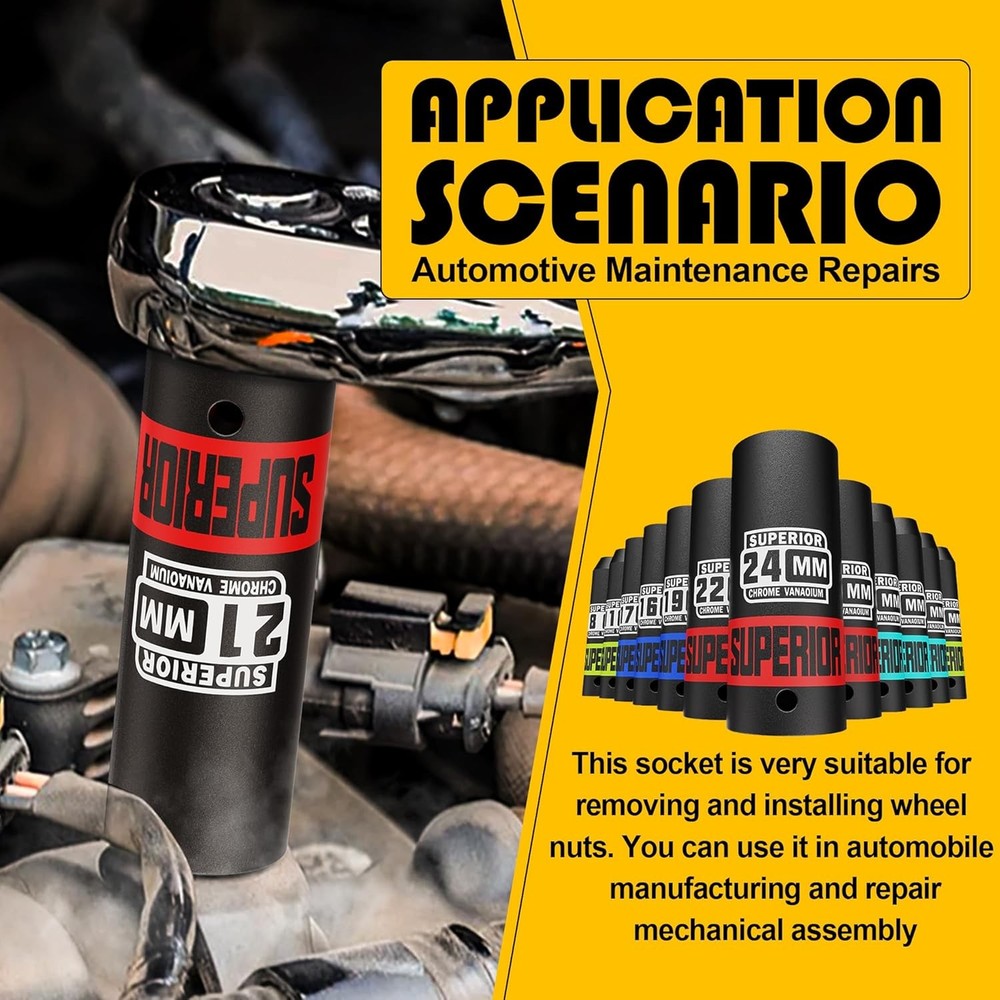 14 Piece 1/2" Drive Impact Socket Set, 8 mm - 22 mm Deep Socket, Metric Socket