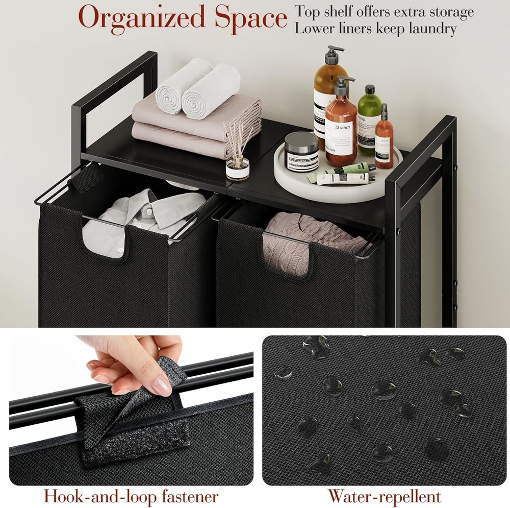 Laundry Basket Organizer Laundry Hamper W/ Shelf & 2 Pull-Out Removable Bags
