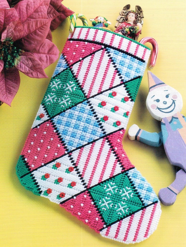 PATCHWORK STOCKING CHRISTMAS PLASTIC CANVAS PATTERN INSTRUCTIONS