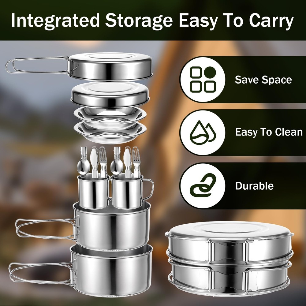 14Pcs Stainless Steel Camping Cookware Set, Lightweight Compact Camping Pots ...