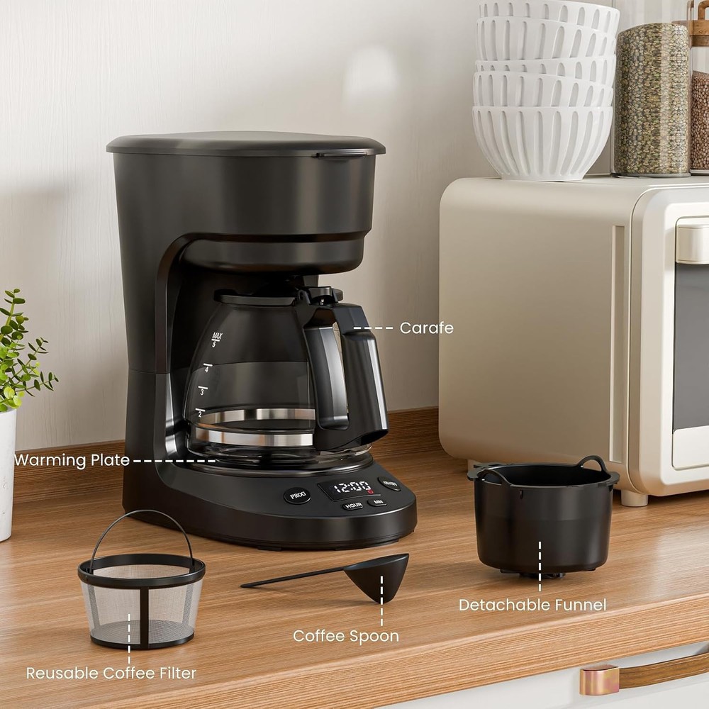 5 Cup Drip Coffee Maker, Portable Coffee Machine with Programmable Timer, Cof...