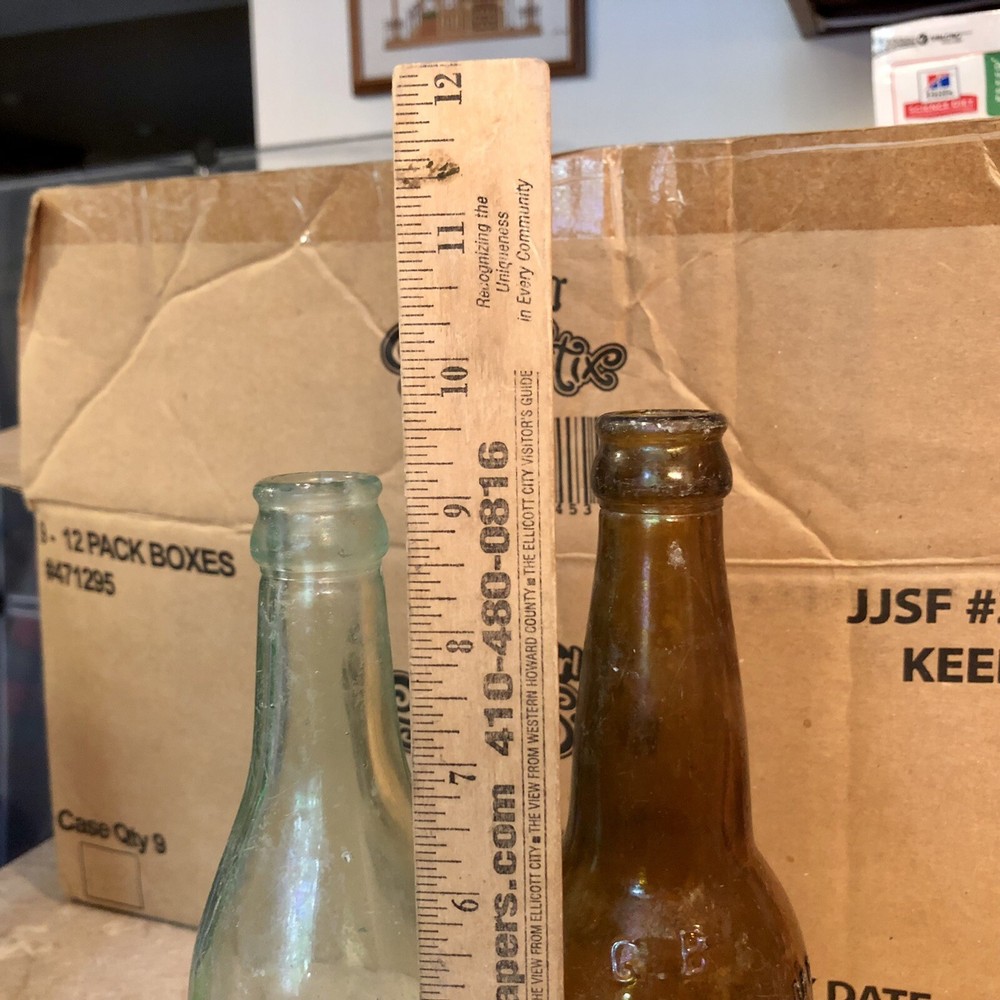 2 Diff Emb Pre-Pro Baltimore MD Beer Bottles Fred Bauernschmidt GBS Aqua & Amber