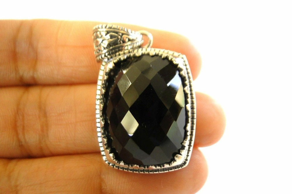 Rectangle Black Onyx Solitaire Ornate Edged 925 Sterling Silver Pendant