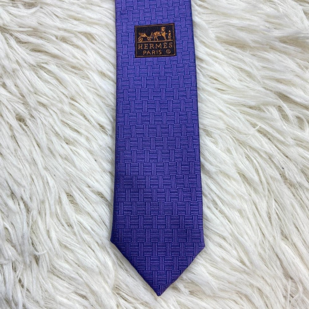 Hermes Purple Silk Tie H Pattern Rabbit Rare Near