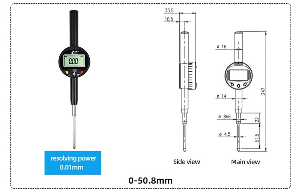 Digital Dial Indicator 0-2in/50.8mm, 0.01mm/ 0.0005" Tolerance Function Inch/...