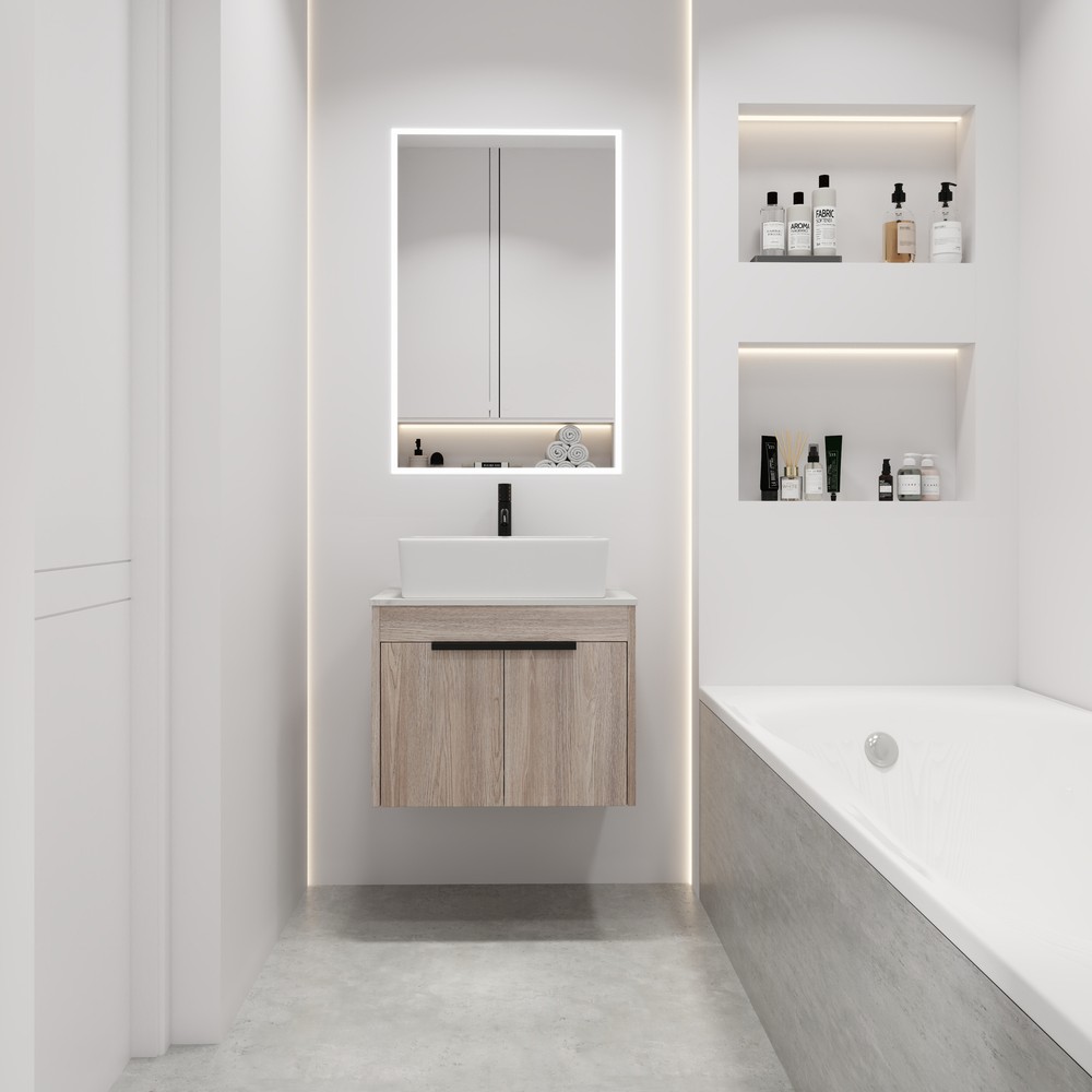 24"Modern Wood Floating Wall Mounted Bathroom Vanity +Ceramic Rectangular Basin