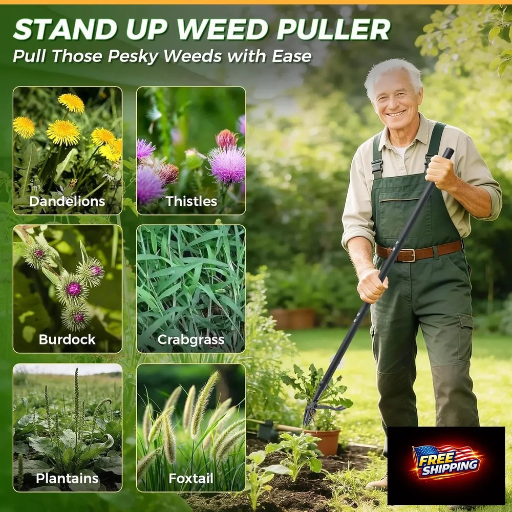Weed Puller, Stand Up Weed Puller Tool with Steel Long Handle & 4-Claw Steel Hea
