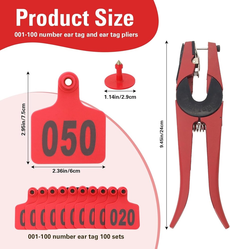 Red 001 100 Cattle Ear Tags Applicator Set