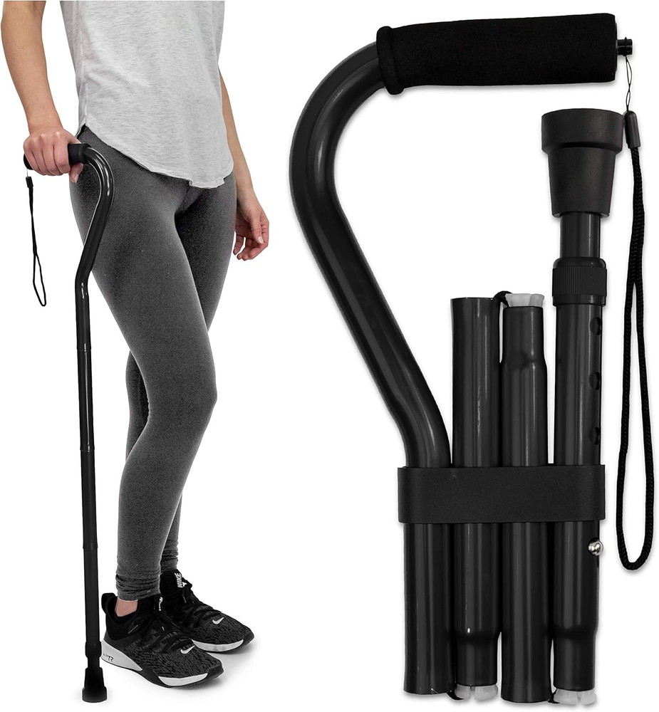 RMS Folding Cane with Offset Foam Handle, Adjustable Walking Stick with Carrying