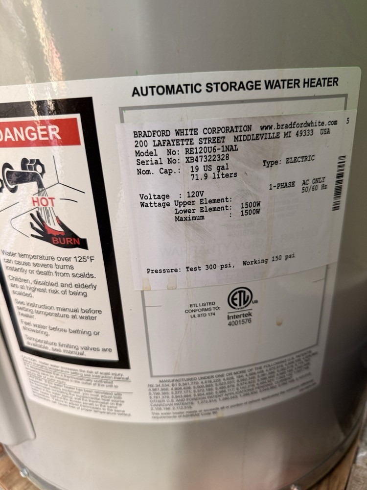 Used Bradford White RE120U6-1NAL Electric Water Heater – 19 Gallon – 120V