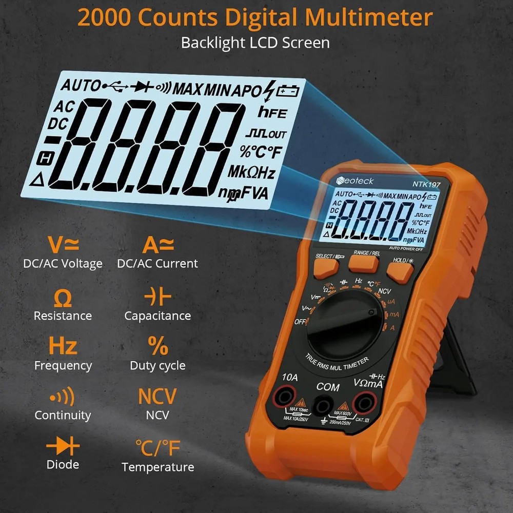 True RMS Digital Multimeter 2000 Count AC/DC Voltage Current Resistance