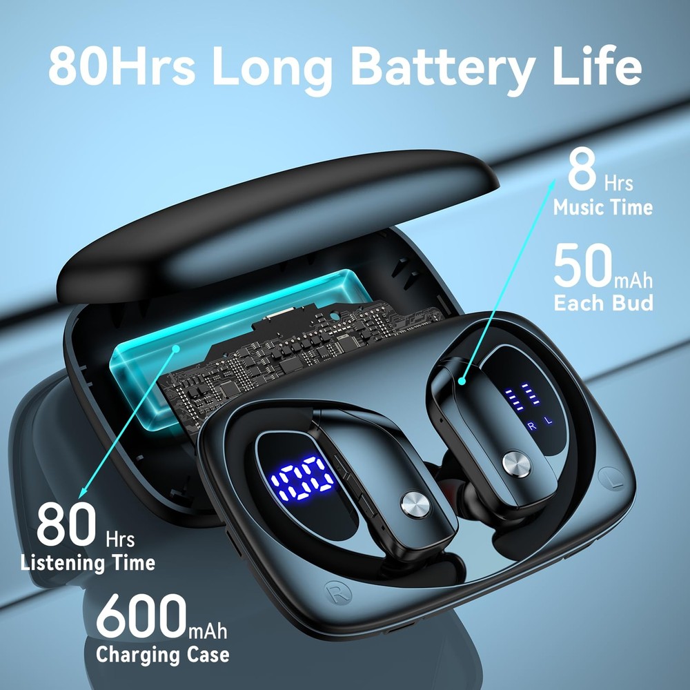 bmani Wireless Earbuds 80H Playtime LED Display Over-Ear Hook Mic Bluetooth Blac