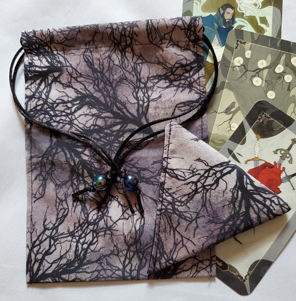 Tarot Card Drawstring Bag Handmade Winter Branches with Beads PLUS Crystal Pouch