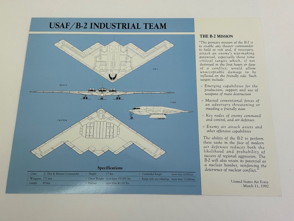 US Air Force B-2 Bomber Information Photo Card